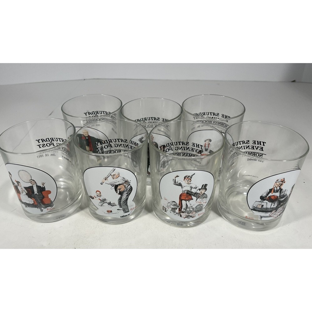 Lot of 7 Norman Rockwell‎ The Saturday Evening Post Whiskey Bar Glasses Vintage